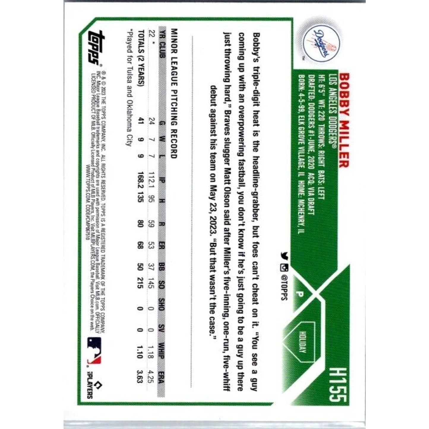 2023 Topps Holiday #H155 Bobby Miller Los Angeles Dodgers Rookie