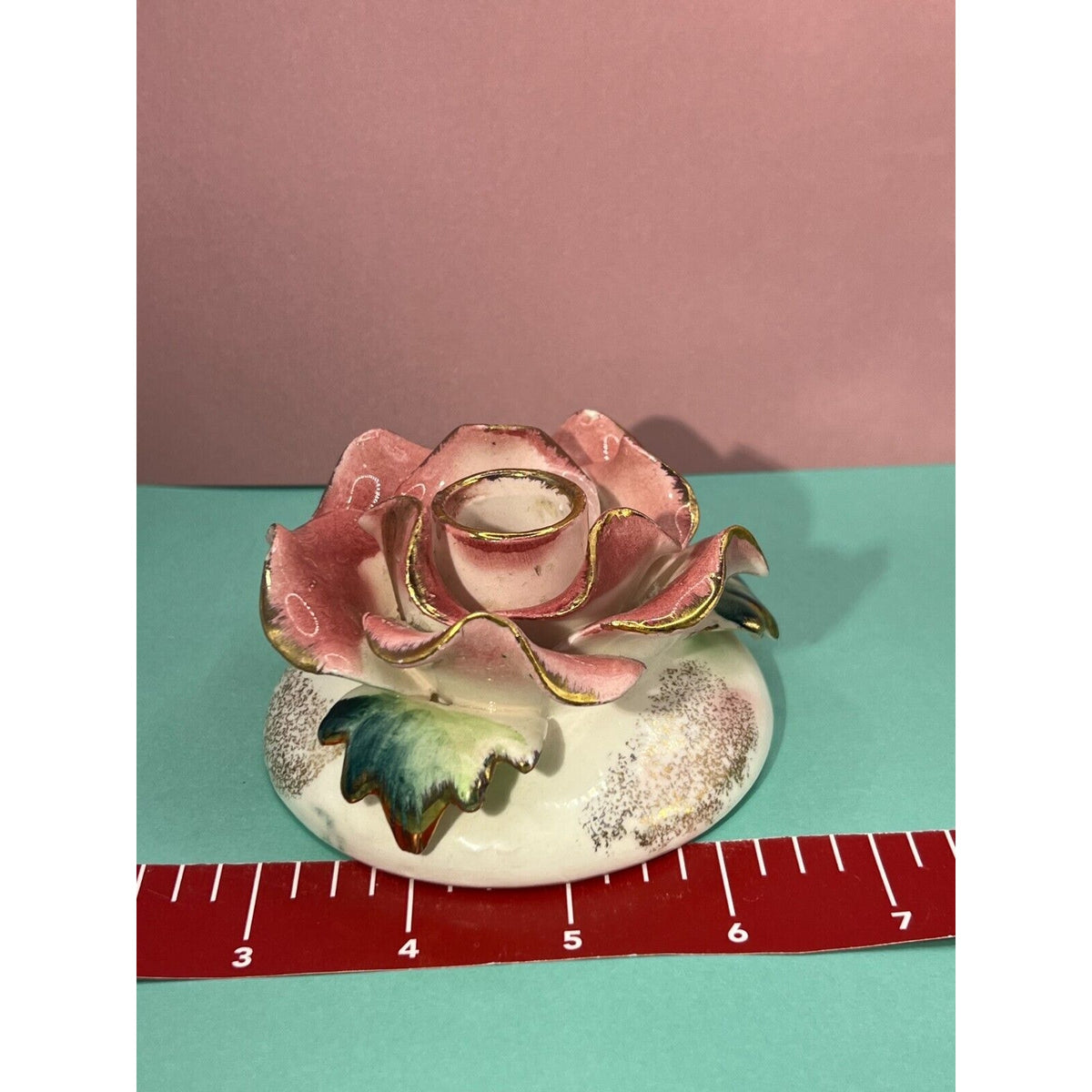 Set of 2 Commodore Japan Rose Candle Holder Pink w/ Gold (Minor Chips)