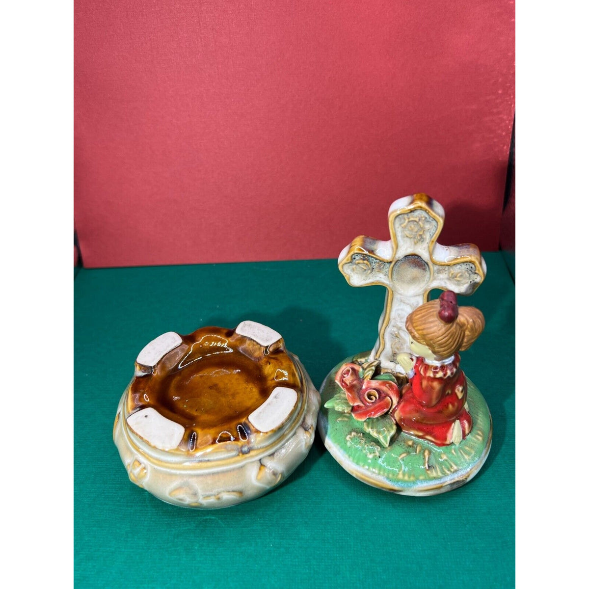 Religious Girl Kneeling Praying Cross Trinket Box Ceramic Lidded Ceramic Roses