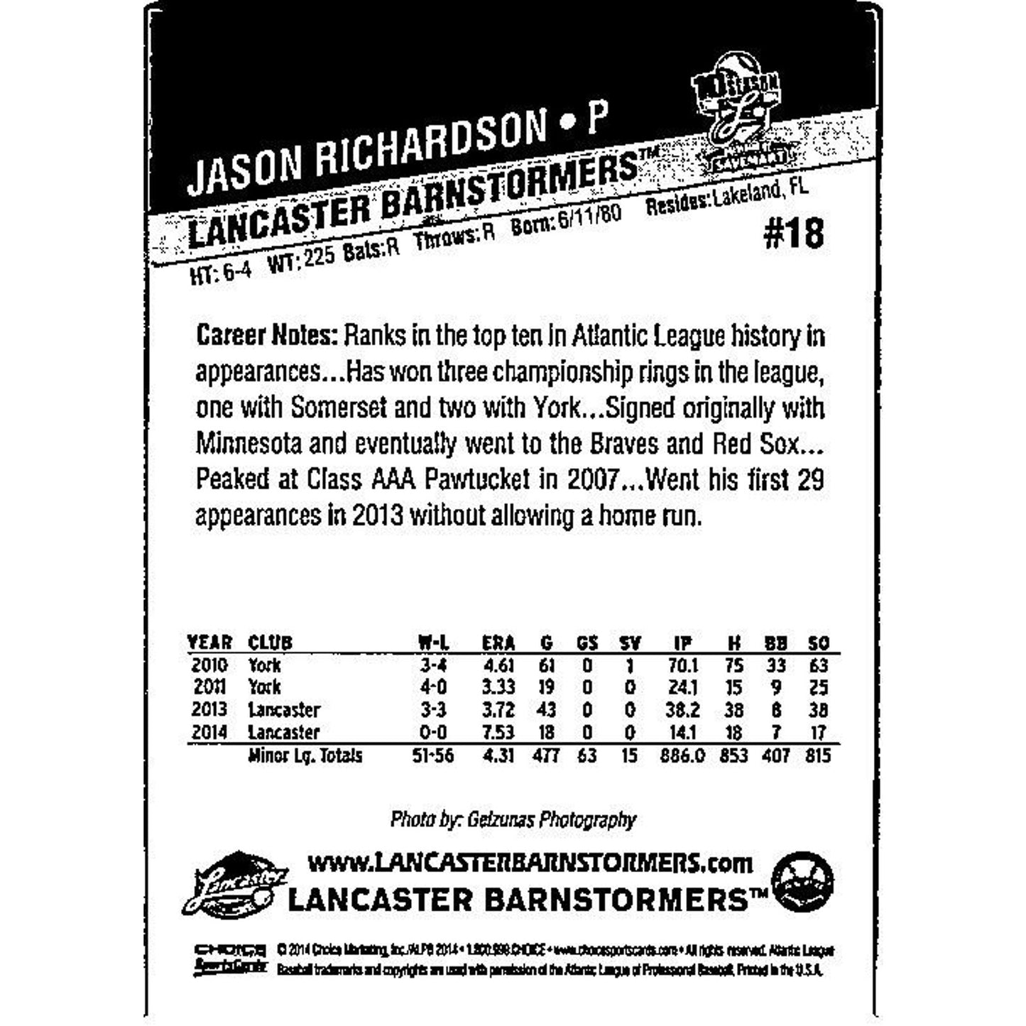 Jason Richardson 2014 Choice #18 Lancaster Barnstormers Baseball Club