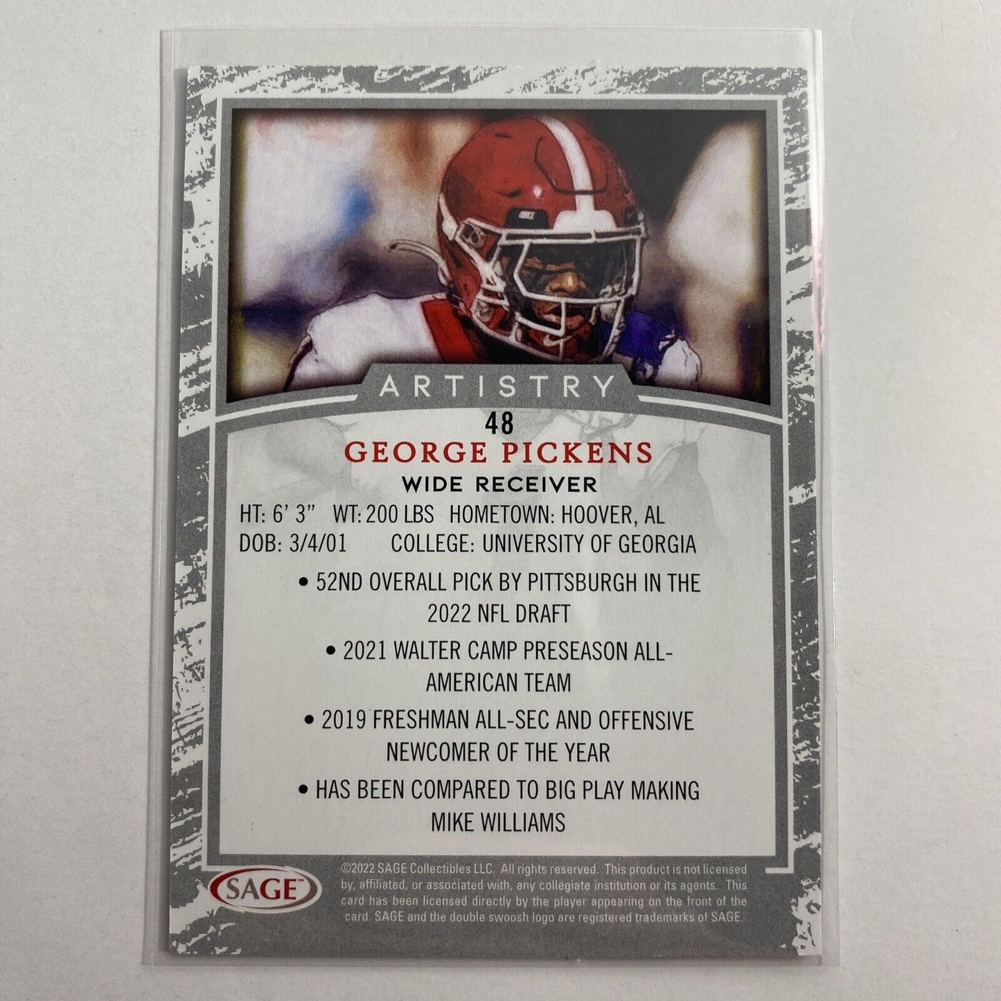 George Pickens 2022 Sage Artistry 48 Black Georgia Bulldogs Pittsburgh Steelers