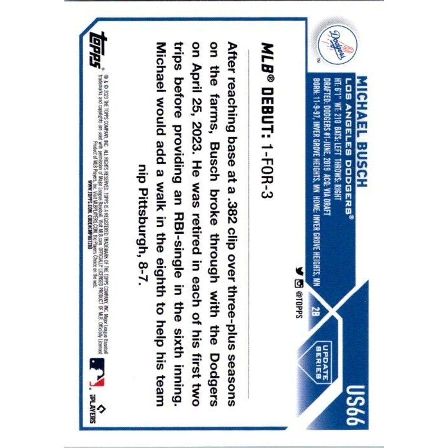 2023 Topps Update #US66 Michael Busch Los Angeles Dodgers Rookie