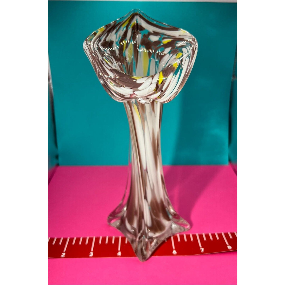Art Glass Jack in the Pulpit Tulip Vase Mauve, White, & Yellow Splatter 8"