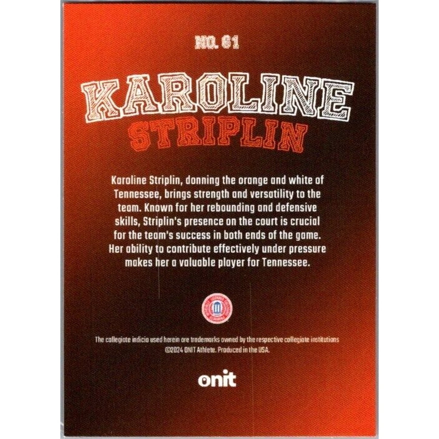 23-24 Onit #61 Karoline Striplin Tennessee Lady Vols College Color Holo Hoosiers