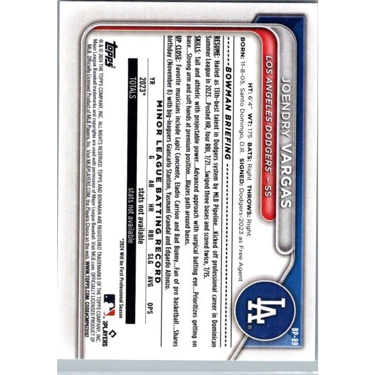 2024 Bowman Prospects #BP-89 Joendry Vargas Los Angeles Dodgers