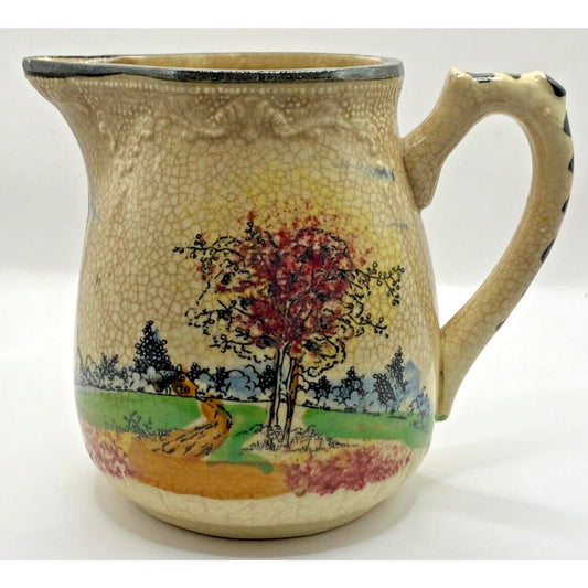 Porcelain 4” Pitcher Countryside scene Creamer Made in Japan Crazing Vintage