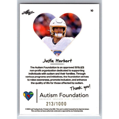 2023 Leaf Autism Foundation #10 Justin Herbert Los Angeles Chargers