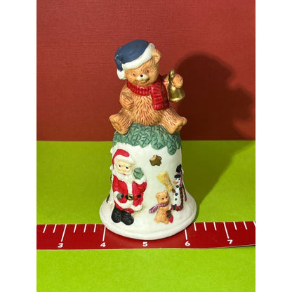 Hand Painted Bisque Porcelain Santa Hand Bell Bear Cub Handle Hand