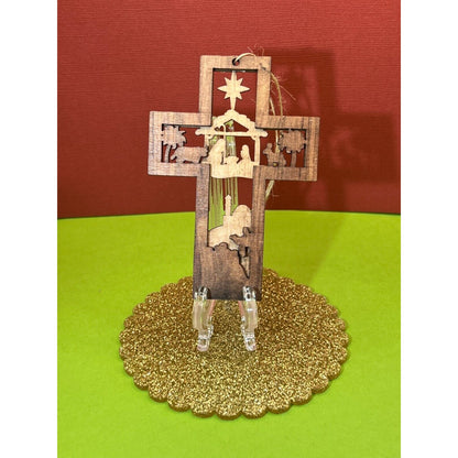 Wooden Nativity Christmas Hanging Cross Ornament AC1589