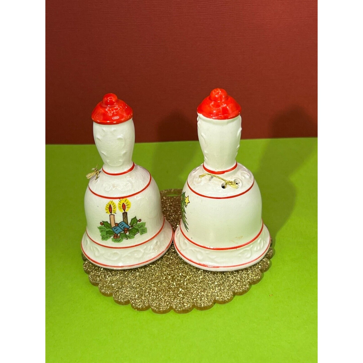 Pair of 2 Christmas Bells (Poinsettia & Candle) (Christmas Tree) Small Cute VTG