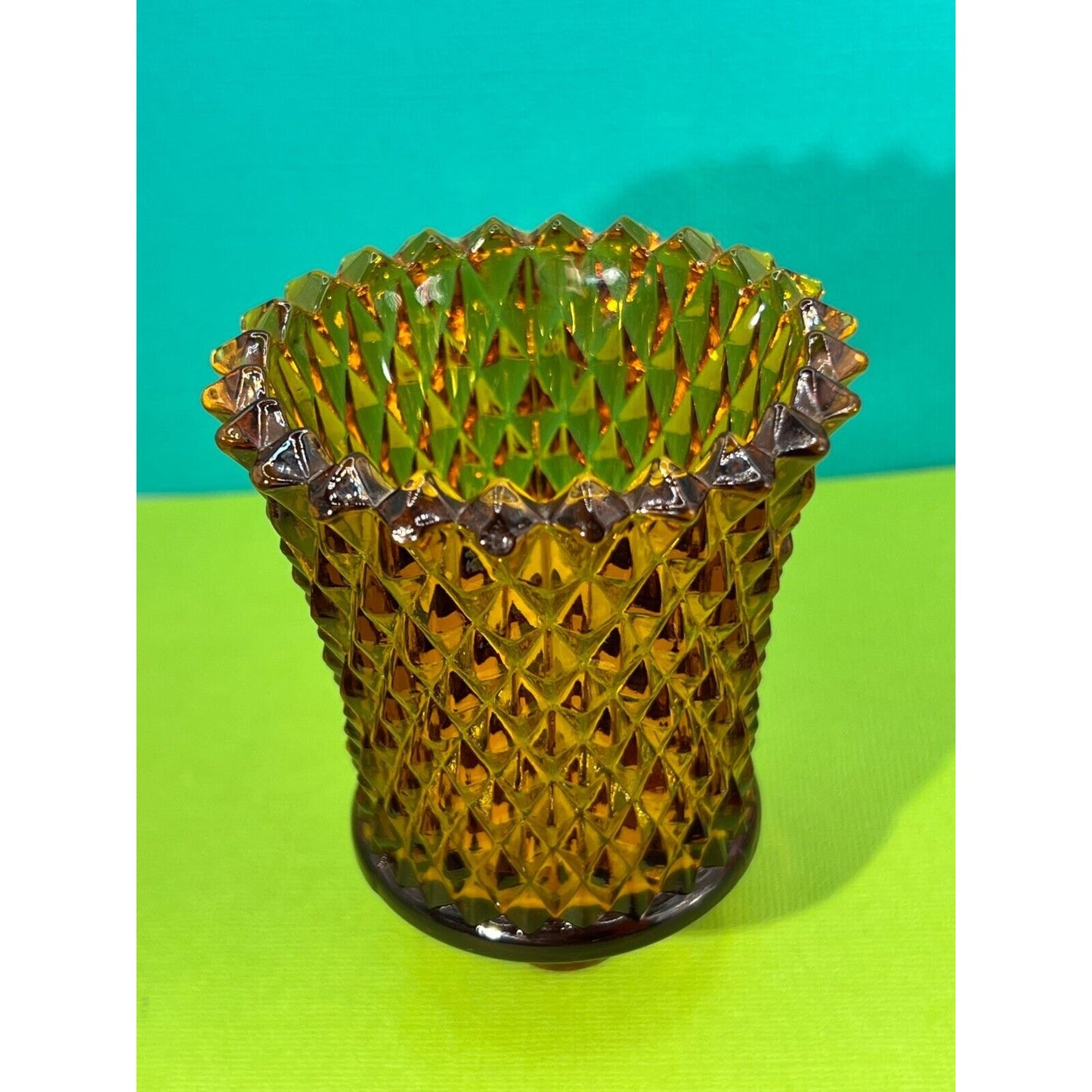 Amber Diamond Point Hobnail Pegged Glass Votive Candle Holder Vintage