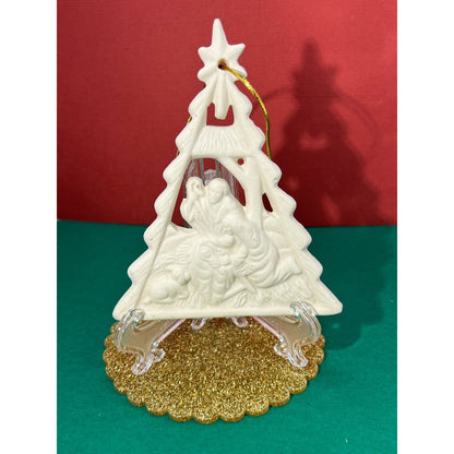 White Ceramic Nativity Christmas Ornament Jesus Joseph Mary Triangle