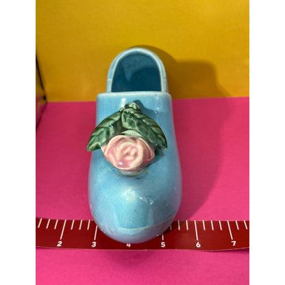 Vintage 1940's McCoy Ceramic Blue Dutch Clog Shoe with Pink Rose Planter Cracked