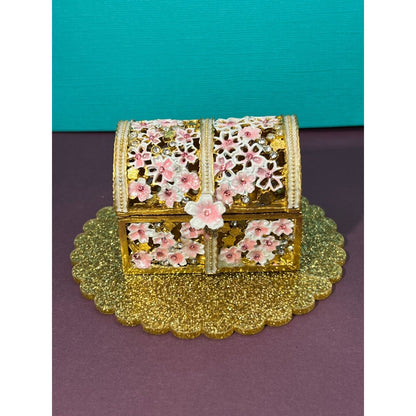 Miniature Trinket Box / Treasure Chest Gold w/ Pink Flowers