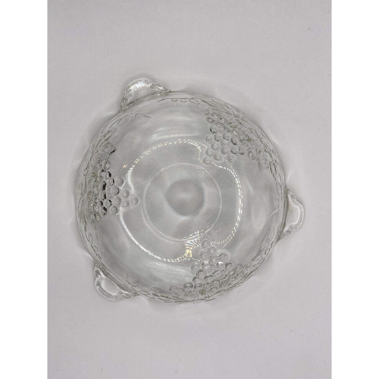 Clear Pressed Glass Bowl with Grape Motif and Scalloped Edges Vintage