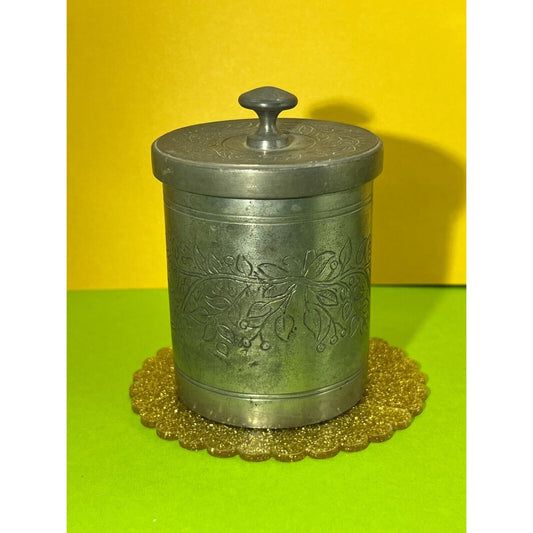 Pewter ESGN Cooking Jar Humidor w/ lid Vintage Engraving Peacocks maybe