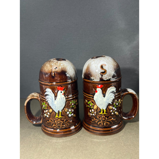 Vintage 1950's Drip Paint Salt and Pepper Shakers Roosters Handles Japan 4" x 2"