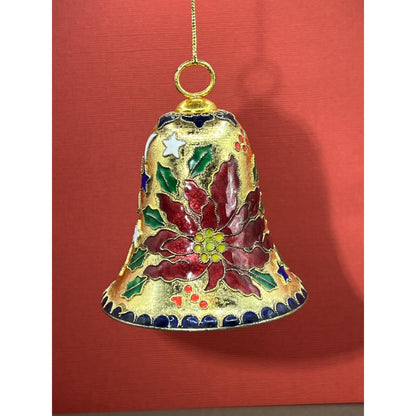 Cloisonné Christmas Bell Ornament Poinsettia Red Green Gold