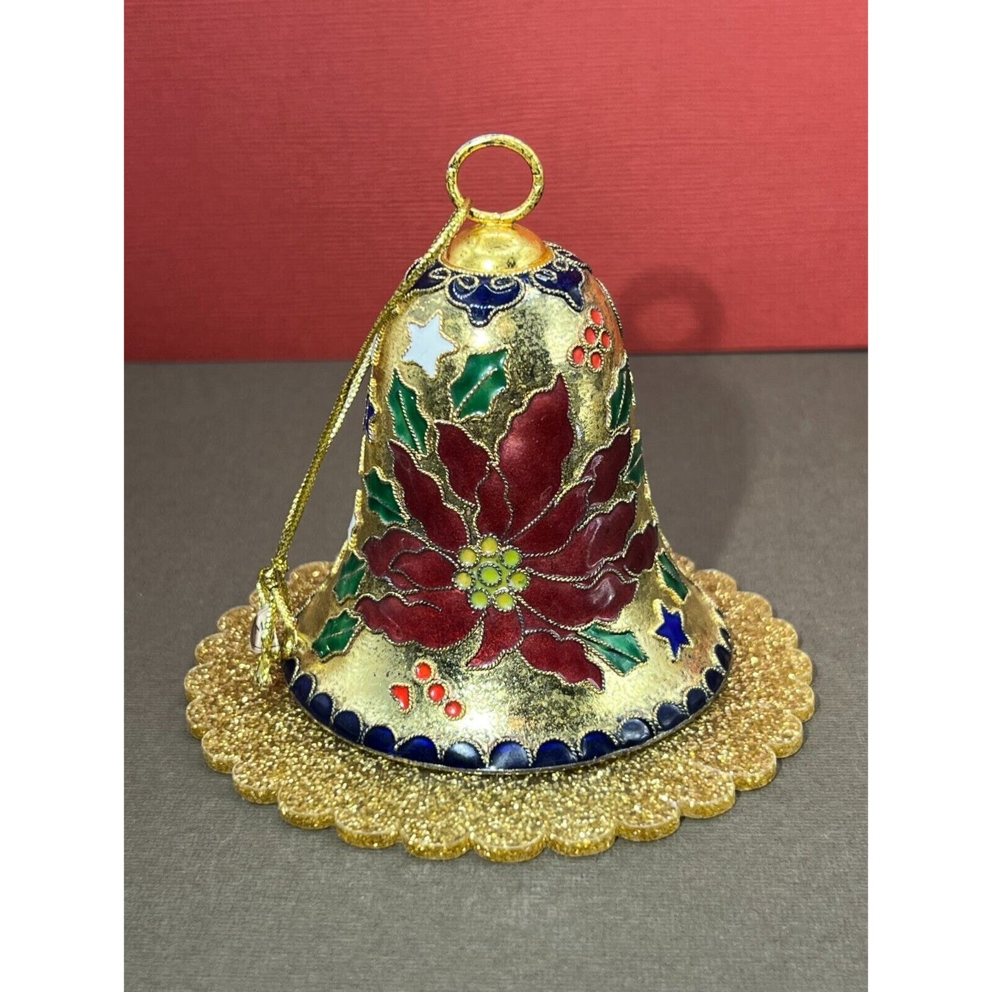 Cloisonné Christmas Bell Ornament Poinsettia Red Green Gold