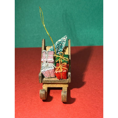 Christmas Ornament Wooden Sleigh w/ Flocked tree and gifts 3 inch x 2 inch