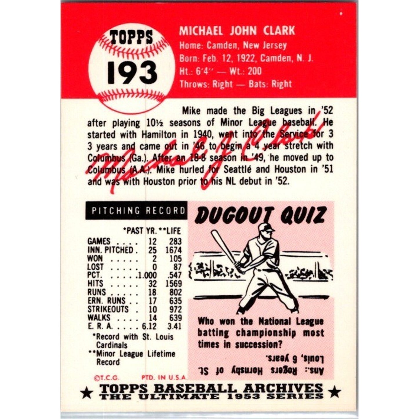 Mike Clark 1991 Topps Archives #193 Rookie St. Louis Cardinals RC 1953 Reprint