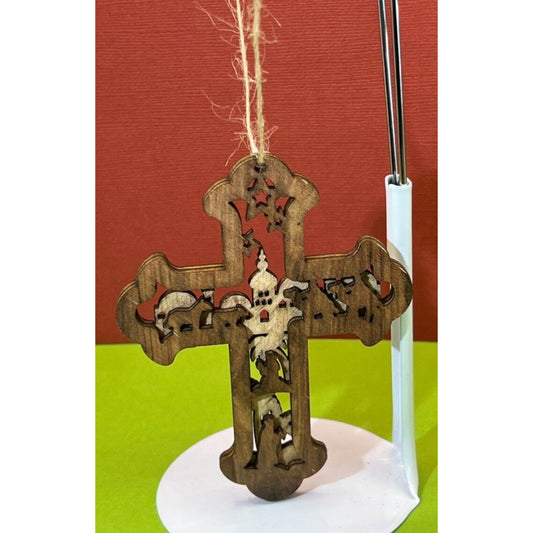 Wooden Nativity Christmas Hanging Cross Ornament AC1594