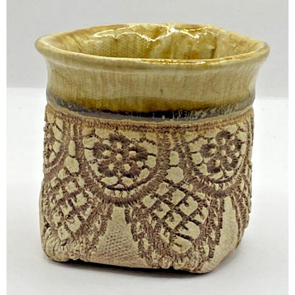 Primitive Handmade Art Pottery Incised Toothpick Holder Ceramic Signed