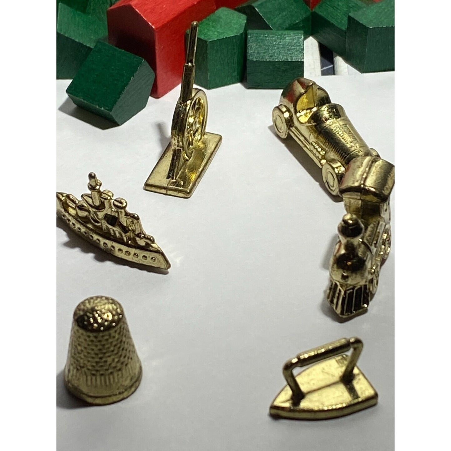 Vintage Monopoly Metal Tokens and Red and Green Wooden Houses Two Dice