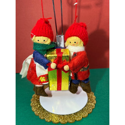 Vintage Felt Christmas Ornament Boy and Girl holding Present 4" h