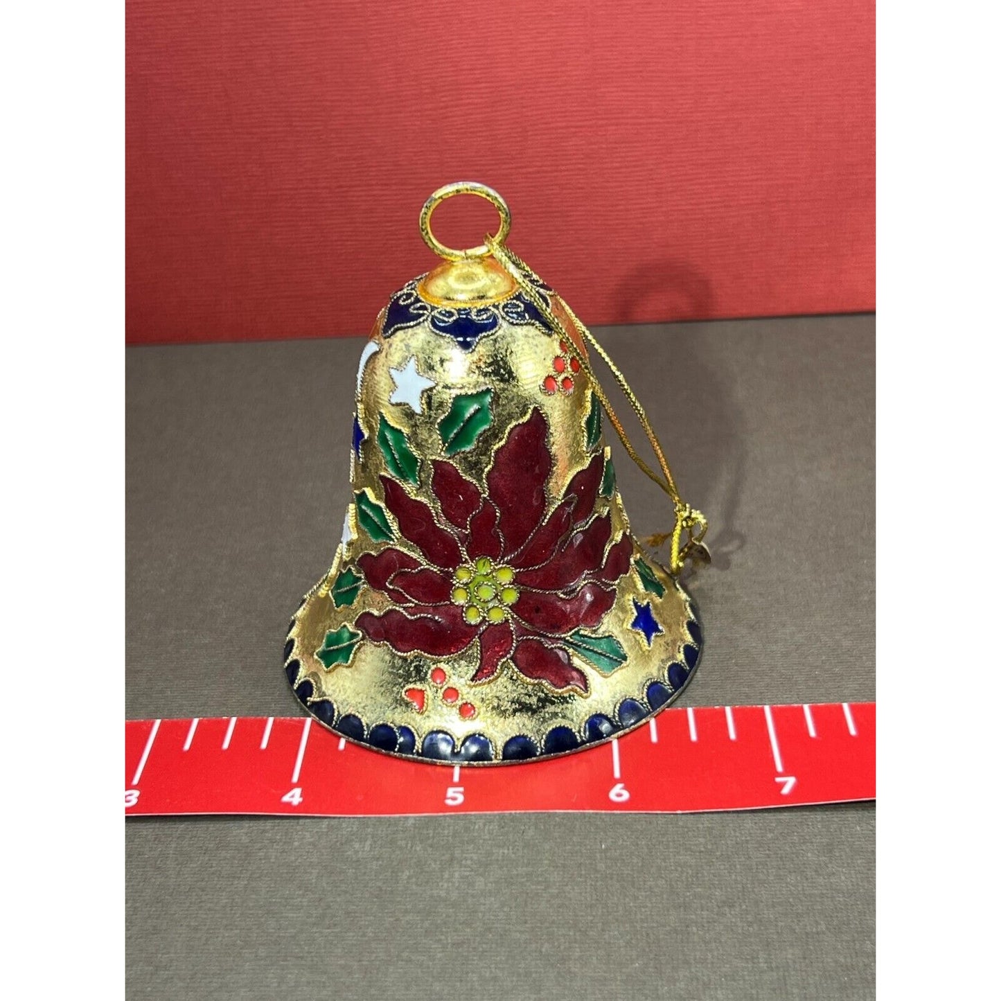 Cloisonné Christmas Bell Ornament Poinsettia Red Green Gold