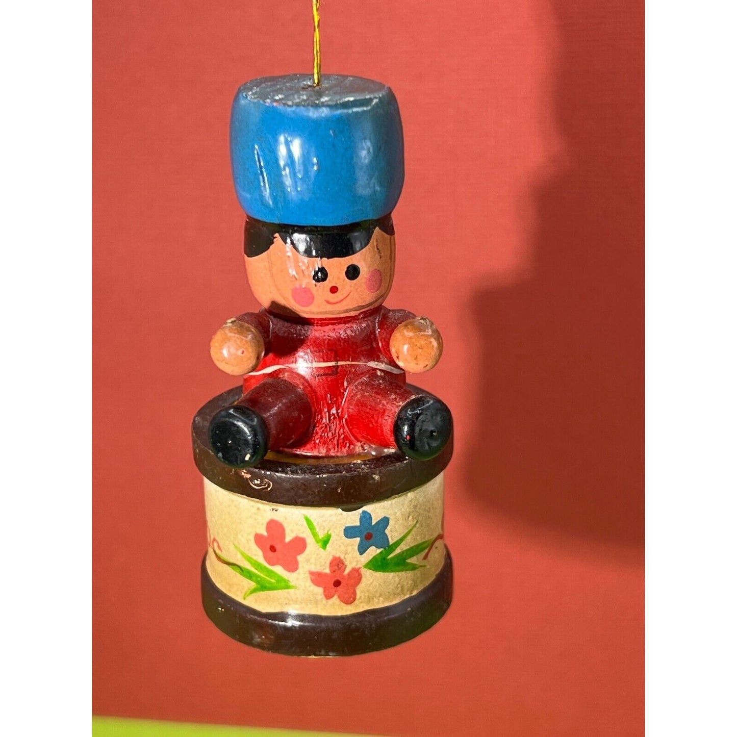 Vintage Drummer Boy Wood Christmas Ornament Russ Berrie Folk Art Primitive Drum