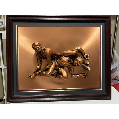 Man Cave Vintage 3-D Dimensional Pair Wrestlers Copper Plaque Wall Art 16”x13”