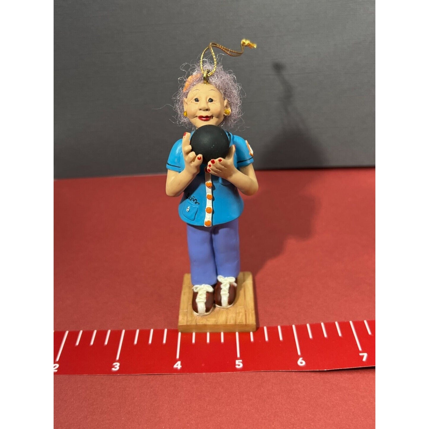 Handpainted Bowling Granny "Spare Me" Lois Hanging Figurine Ornament 4"