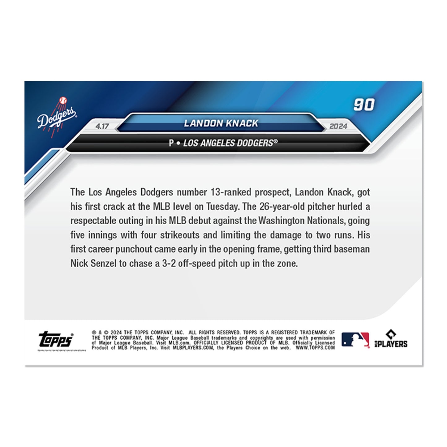 Landon Knack Los Angeles Dodgers - 2024 MLB TOPPS NOW® Card 90 - PR: 577