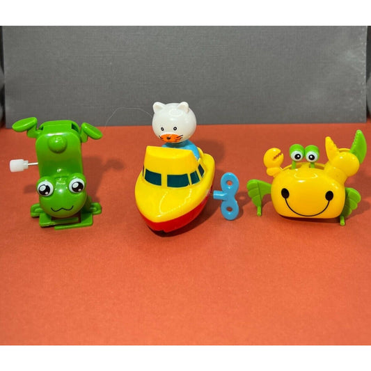 3pc Collection of Windup Plastic Toys (They all Work) Cat in boat, Frog, Crab