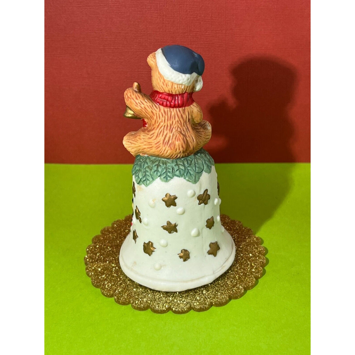 Hand Painted Bisque Porcelain Santa Hand Bell Bear Cub Handle Hand