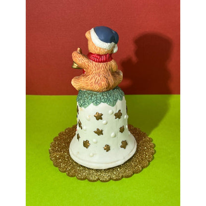 Hand Painted Bisque Porcelain Santa Hand Bell Bear Cub Handle Hand