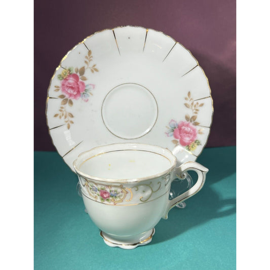 Cup and Saucer Set Occupied Japan Porcelain Vintage Floral Gilded