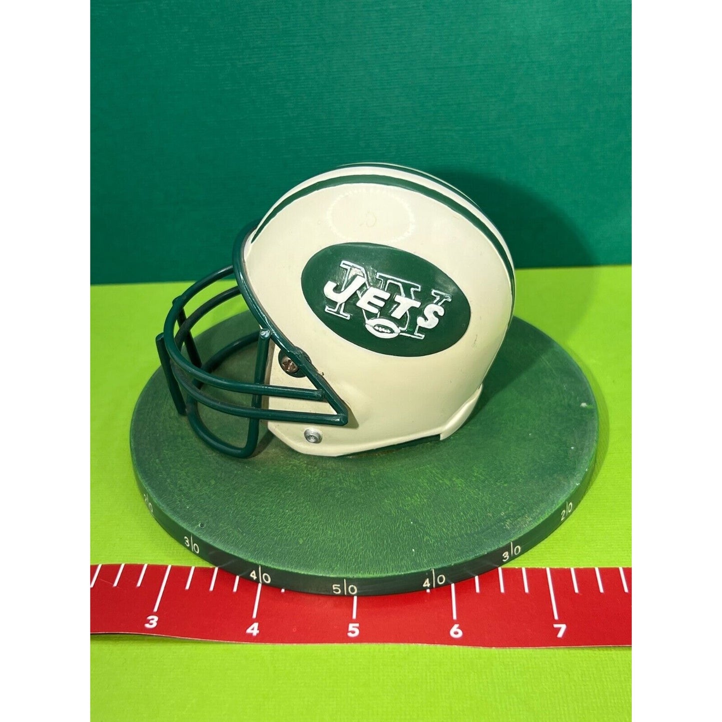 New York Jets Helmet on Round Playing Field Ceramic Metal Faceguard 3.5"h