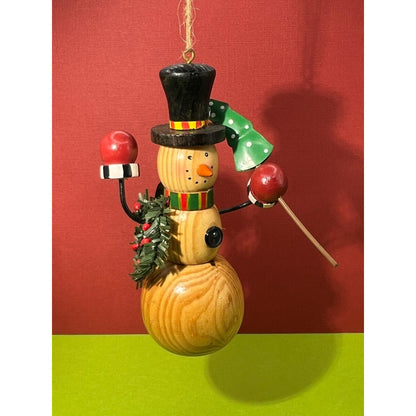 Wooden Snowman Holding Christmas Tree Ornament 5"