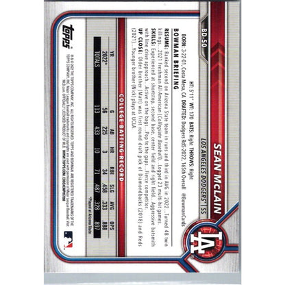 Sean McLain 2022 Bowman Draft #BD-50 Los Angeles Dodgers