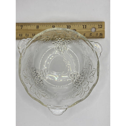 Clear Pressed Glass Bowl with Grape Motif and Scalloped Edges Vintage