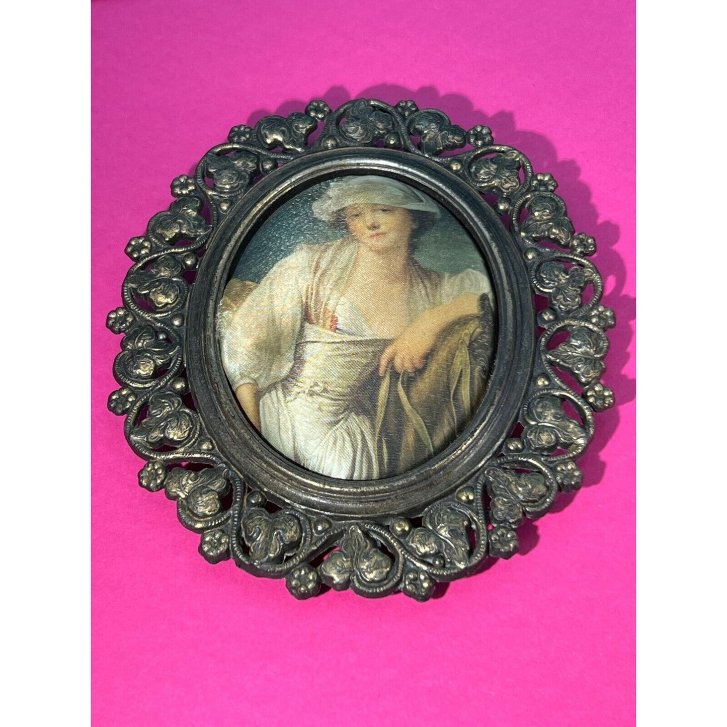 French Miniature Portrait Lagarde Painting Printed on Cloth in Metal Frame VTG