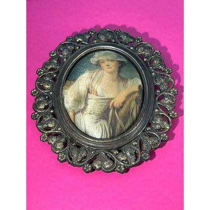 French Miniature Portrait Lagarde Painting Printed on Cloth in Metal Frame VTG