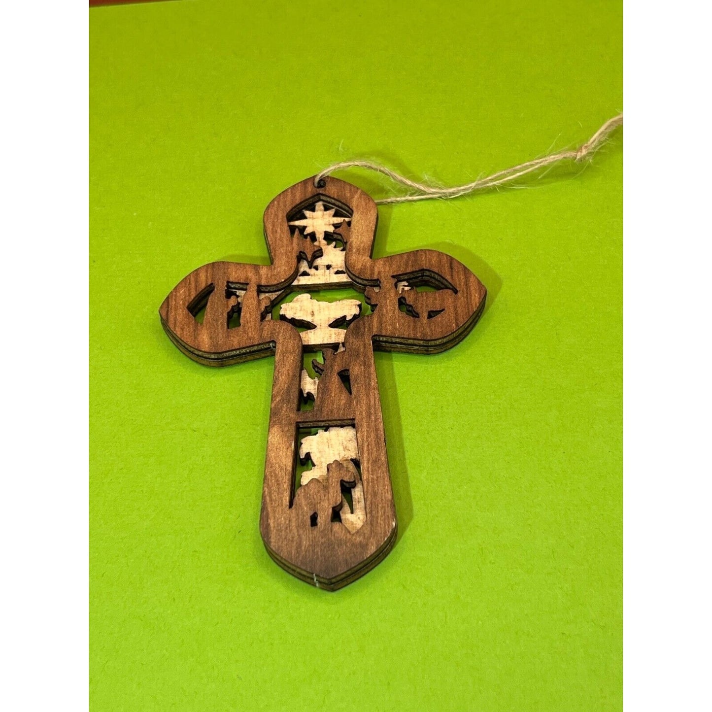 Wooden Nativity Christmas Hanging Cross Ornament AC1595