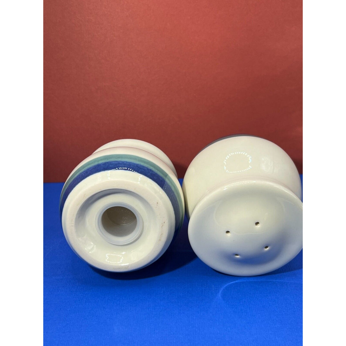 Pfaltzgraff Northwinds Blue Green Stripes Salt and Pepper Shakers