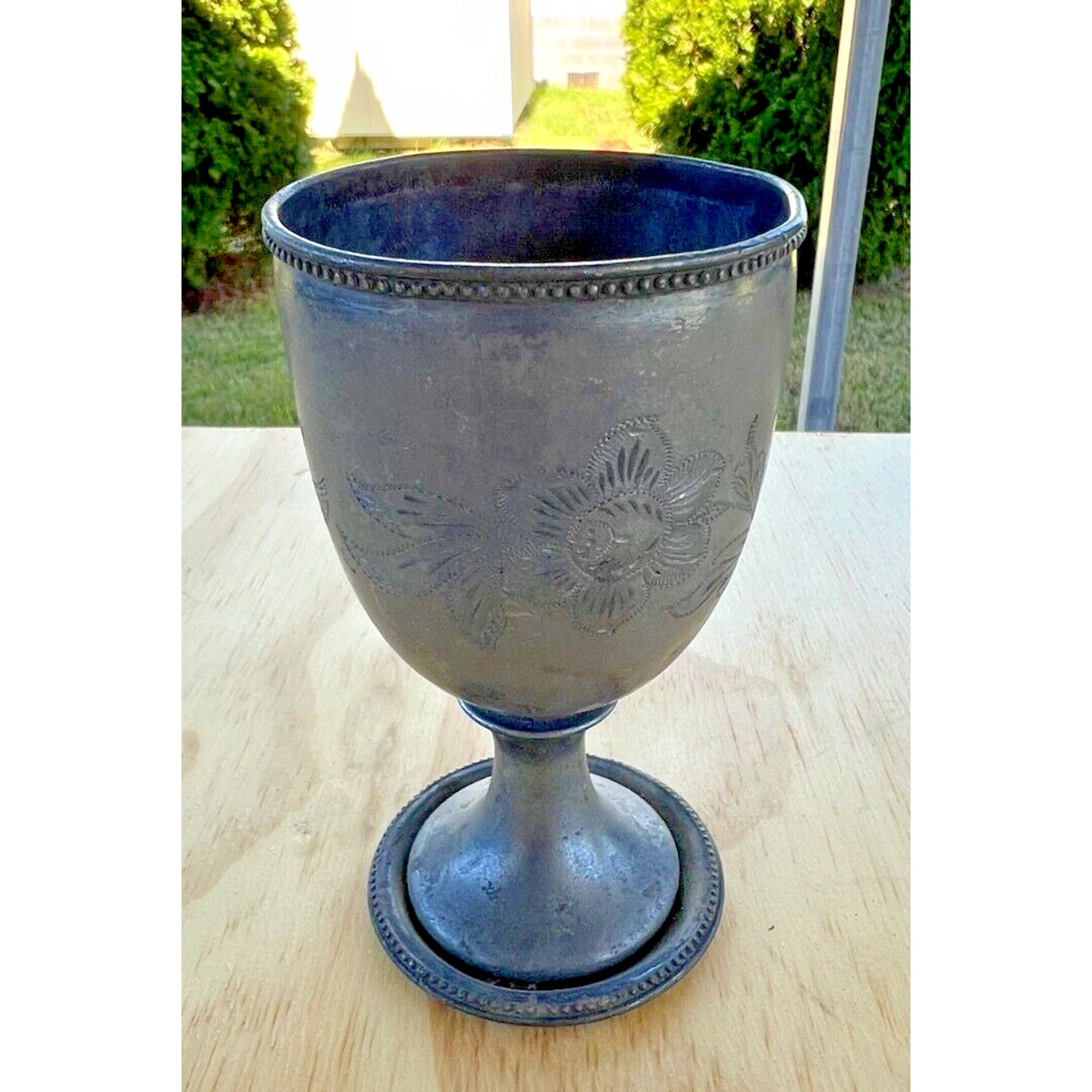 Decorative Flower and Leaves Pewter Goblet Chalice