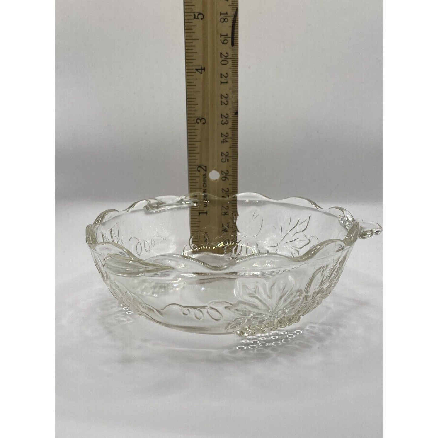 Clear Pressed Glass Bowl with Grape Motif and Scalloped Edges Vintage