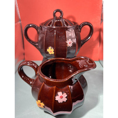 Sugar Bowl and Creamer Brown Enamel Flowers Occupied Japan Vintage