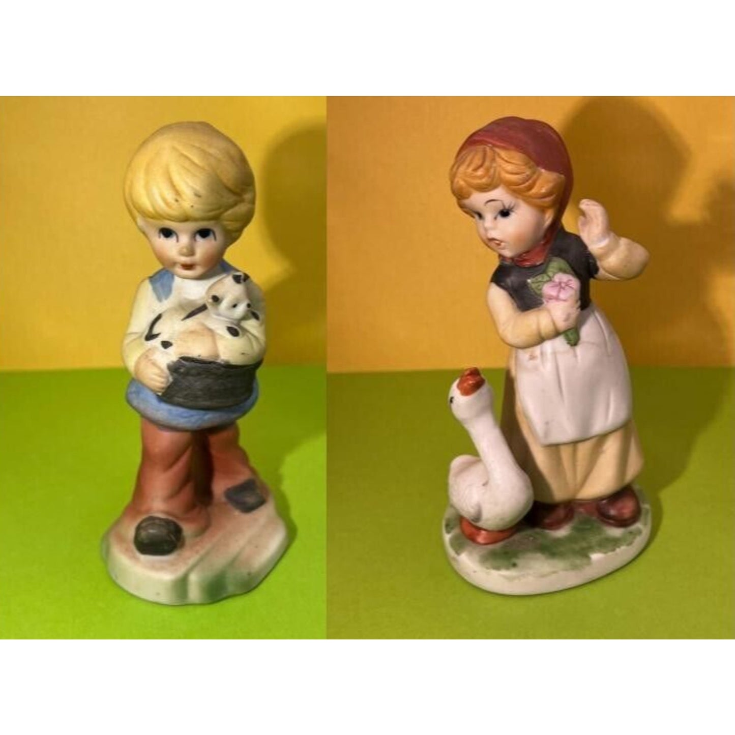 Windy Day Boy holding Dog and Girl with Duck Lot of 2 Figurines 5.5" height